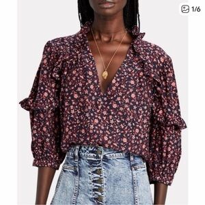 Frame Cali Floral Ruffle Silk V-Neck Blouse